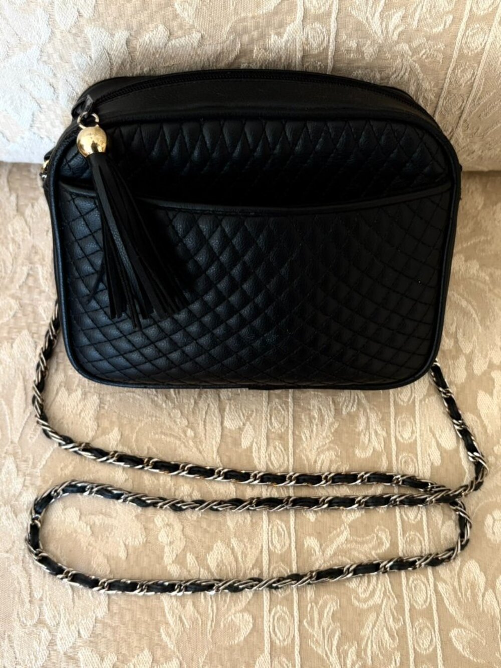 ✧ Black Leather‑Quilted Crossbody Bag — Couture-Style Elegance ✧